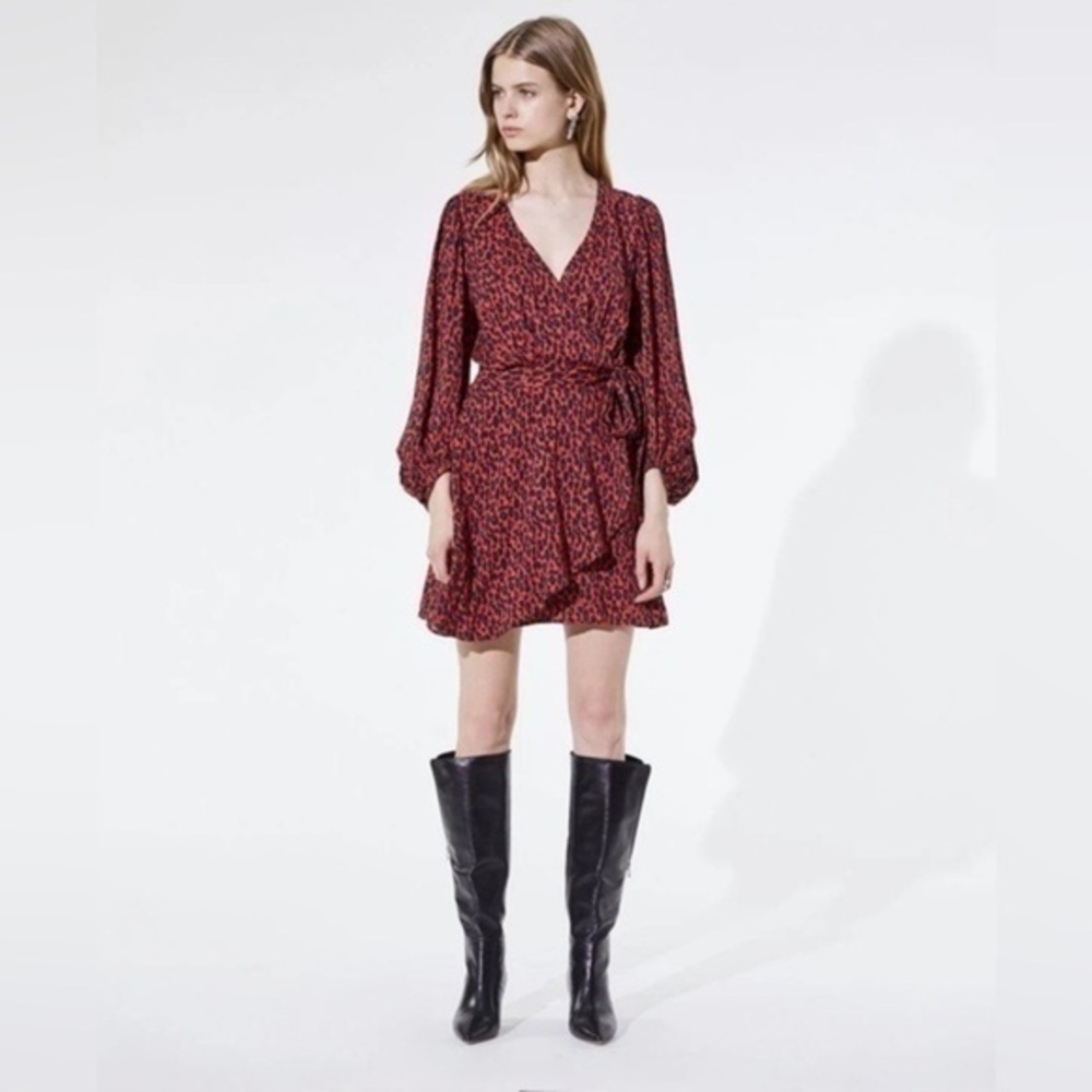 NWT IRO Women’s FR 40 L Red Animal Print Boina Wrap Mini Dress US 8 Long Sleeve - Picture 16 of 16